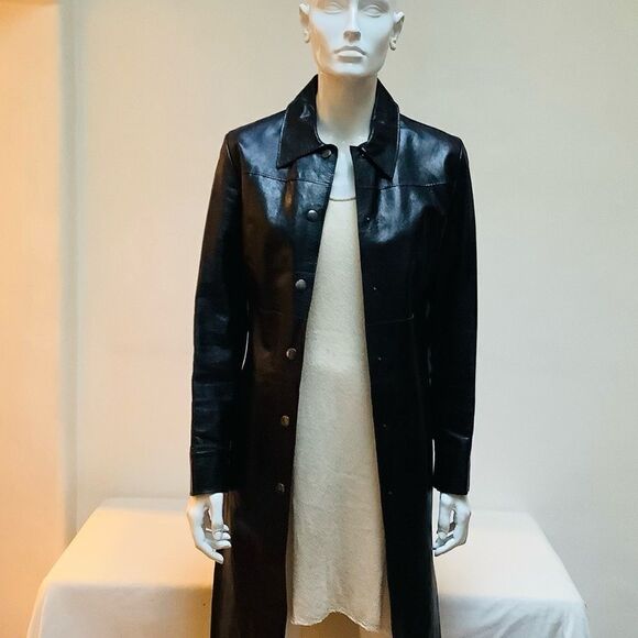 LEATHER CAR COAT JACKET LONG - Picture 5 of 7
